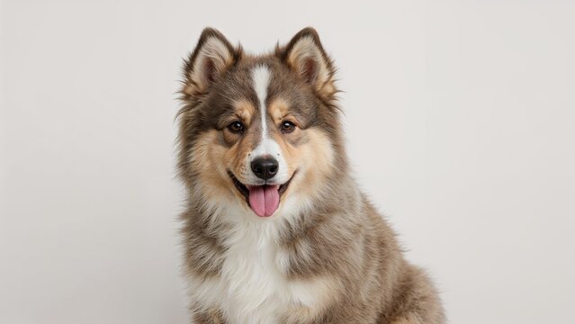 A fluffy puppy of the Icelandic sheepdog breed showing off a chic and graceful stance during a photo session.