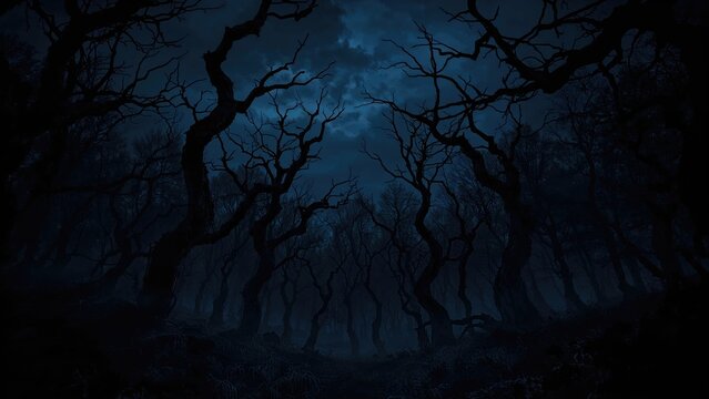 A mysterious and gloomy forest setting at night, designed to provoke fright.