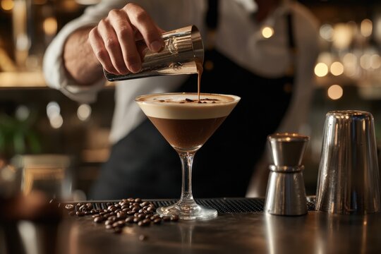 Bartender preparing espresso martini cocktail in a nightclub - Powered by Adobe