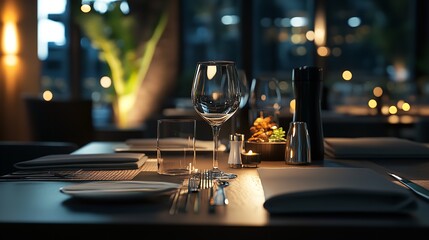 Naklejka premium Elegant table setting with glasses, flowers, and cutlery in a restaurant.