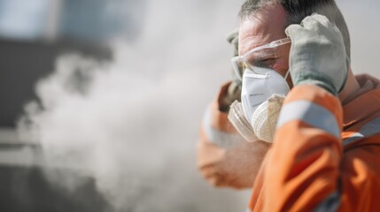 Worker in orange safety suit adjusts his protective mask in dusty environment, showcasing importance of safety in hazardous conditions