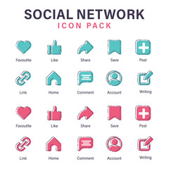 Social Network icon pack. Minimal vector icon pack for social media UI UX. Includes 20 flat design icons: like, share, comment, post, save, and more. Modern style in cyan and pink color themes.