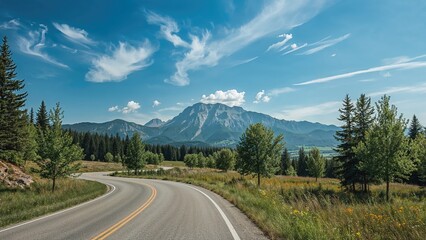 Travel Route Surrounded by Nature with Blue Sky and Verdant Mountains