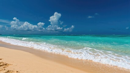 Fototapeta premium A magnificent tropical shoreline showcasing golden sands, bright turquoise waves, and a deep sapphire sky. The calm beach setting provides a perfect spot for holiday escapes, tourism, and
