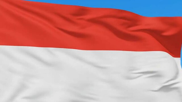 A red and white flag waves against a blue sky