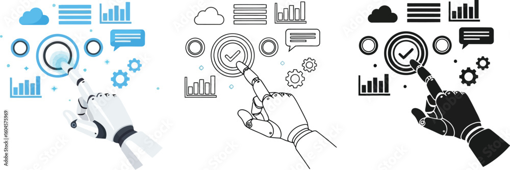 Poster robot hand touching screen vector illustration for automation ai artificial intelligence concept