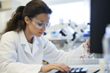 Scientist working with molecular model and typing on calculator in laboratory