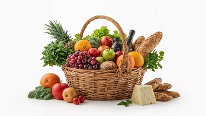 A container brimming with groceries, food assistance on a plain white surface