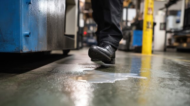 Worker steps near spilled lubricant on factory floor, highlighting importance of safety in industrial environments. scene captures potential hazards present in manufacturing settings
