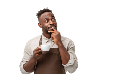 Thoughtful man with coffee cup, looking up with a curious expression, white isolate background.