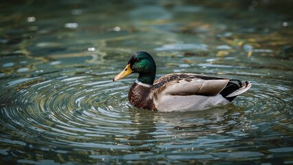 Obraz premium Ripples and Water Sprays Emanate from a Male Duck During Its Morning Bath