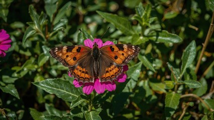 Obraz premium A colorful Viceroy butterfly resting on a bright pink blossom amidst verdant foliage