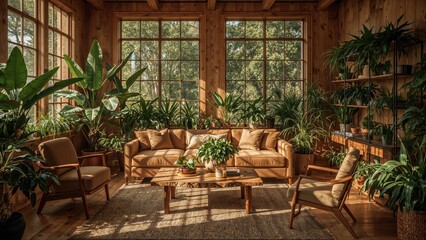 Fototapeta premium An indoor area abundant with green foliage and natural light generated by AI