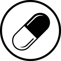 Simple black and white illustration of a capsule pill within a circle.