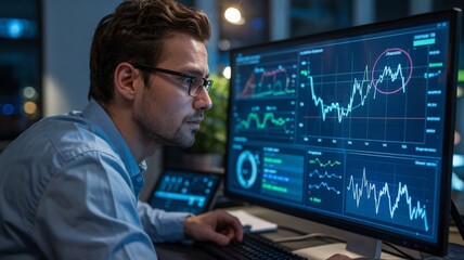 Stock market trader analyzing financial data on a computer screen at night