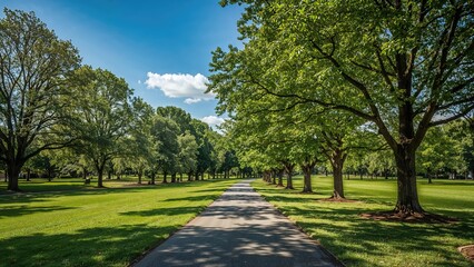Fototapeta premium A peaceful walkway through shaded trees extends far ahead, providing a serene setting for a relaxing walk.