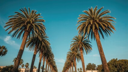 Looking up at sunlit palm trees against a clear sky