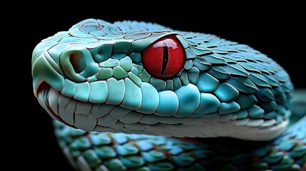 Extreme close-up of cyan serpent with intense red eyes on black background, detailed scales texture, macro reptile portrait for wildlife documentary or design