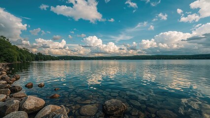 Fototapeta premium An enchanting scene of water with stones set against a vibrant, cloudy sky