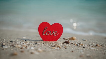 Fototapeta premium Close-up of a red heart engraved with love in silver on a sandy coastline - very shallow depth of focus