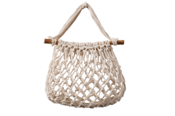 Cream-colored crocheted shopping bag with wooden handles