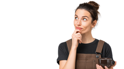 Woman pondering with coffee cup, thoughtful expression, white isolated background.