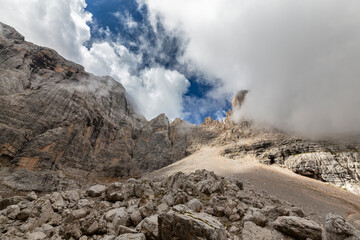 Dramatic storm clouds up in the Dolomite mountains, Italy, in summer