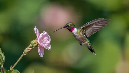A lively hummingbird fluttering by a gentle pink flower in the wild