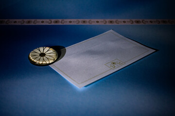 A clean flat lay of a blank card with floral corner accents, held by elegant clips on a blue background. Ideal for creative branding, journaling, or announcement templates.