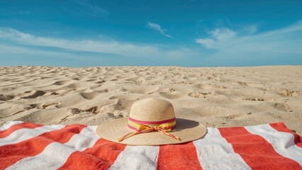 On a bright beach mat, a straw hat is placed, with ample space for writing. Surrounding footprints imply a calm day by the shore.