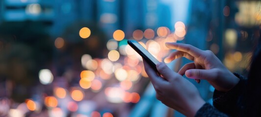 The smartphone in hand against a vibrant city backdrop at dusk.
