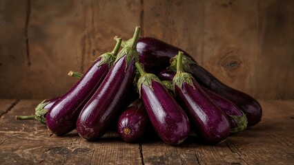 Pile of purple eggplants on a rustic wooden surface
