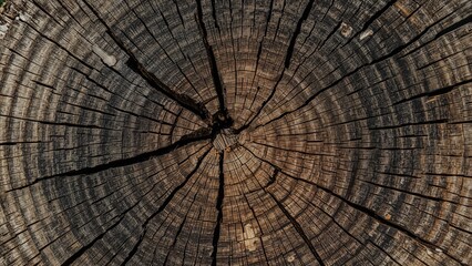 Fototapeta premium Close-up of charred wood from a cut tree stump. Natural wooden surface