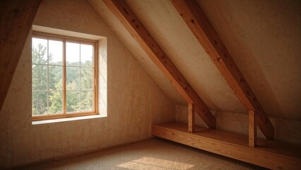 Delightful attic area showcasing wooden beam accents, a large window, and a clean built-in shelving unit