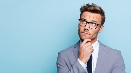 Pensive man in formal suit and glasses thinking with hand on chin on blue background — decision and strategy concept