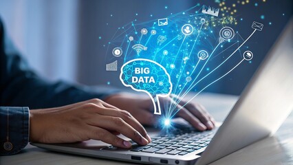 Person typing on laptop with glowing bio data brain hologram and network connections