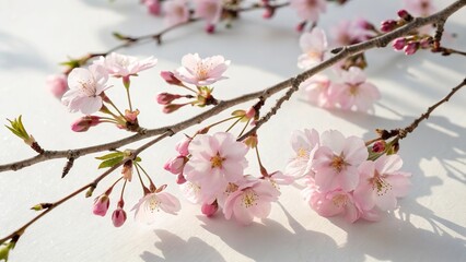 Delicate pink cherry blossoms on a branch with soft sunlight and shadows
