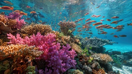 Obraz premium Colorful coral reef fish swim underwater. Sunlit, clear water. Use marine biology