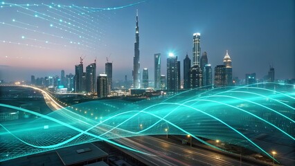 Futuristic cityscape with glowing digital network overlay at dusk