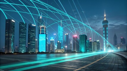 Futuristic cityscape with digital network overlay at night