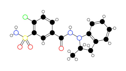indapamide molecule, structural chemical formula, ball-and-stick model, isolated image diuretic