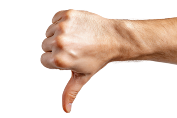 A hand displays a thumbs-down gesture