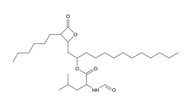 orlistat molecule, structural chemical formula, ball-and-stick model, isolated image lipase inhibitor