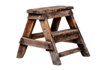 Aged wooden step stool, isolated on black.  Simple, rustic,  two-step  ladder-style stool.  Rough, worn  surface.  Dark brown color