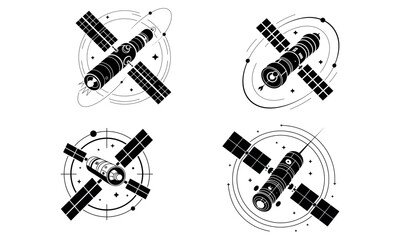 Fototapeta premium Satellite in space illustration of orbiting communication technology icons in black and white design 