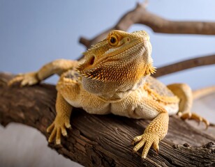 Obraz premium Close-up of a vibrant orange-yellow bearded dragon on a branch