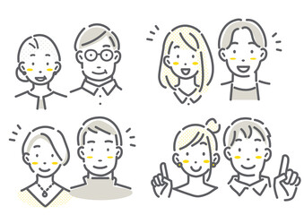 Multi-generational couple/married couple avatar illustration set Simple and stylish line drawing illustrations
