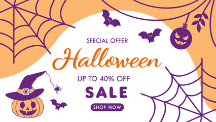 Happy Halloween Up to 40% off Sale Banner &ndash; Spooky Party Invitation with Pumpkins, Ghosts, Bats, and Haunted Design Special Offer Shop Now