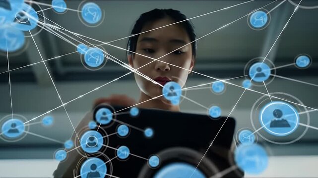 Young Asian Woman Using Tablet Surrounded by Futuristic Network Connections in a Bright Office Digital Transformation and Modern Tech Integration - Powered by Adobe