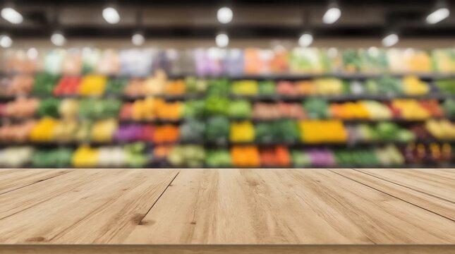 Empty wood table top with abstract blur colorful Fruits in display basket in supermarket grocery store defocused background with bokeh light